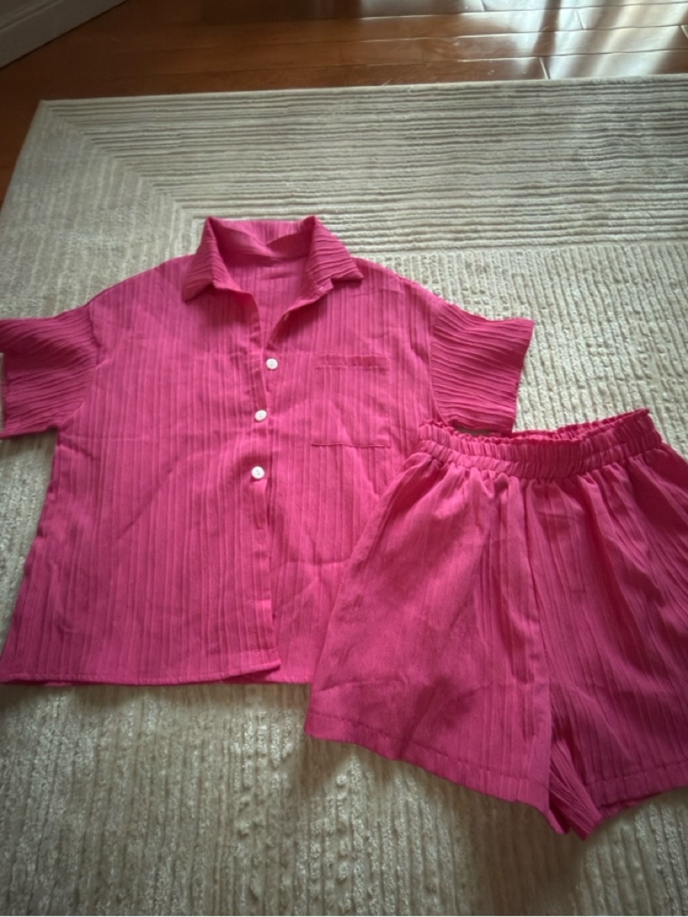 Bright Pink Short Button-Up and Elastic Waist Shorts Set